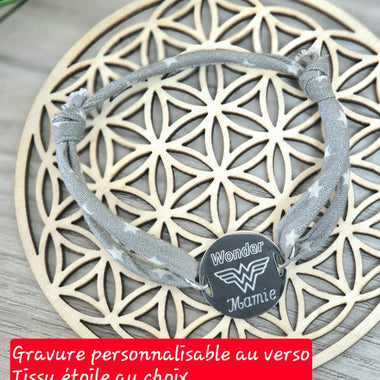 Bracelet Wonder Mamie Ajustable Tissu Etoile & Jeton Acier Gravé Personnalisé