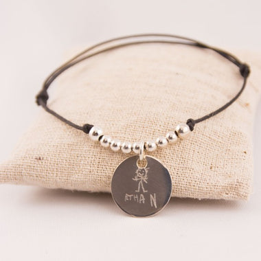 Bracelet Cordon perles et Médaille Argent gravée