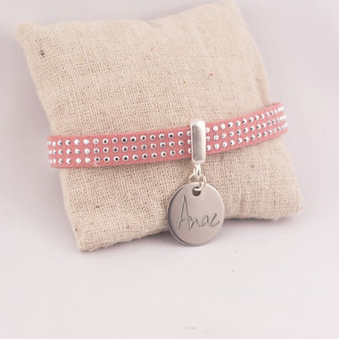 Bracelet Personnalisé Suédine Rose & Médaille Acier Gravée