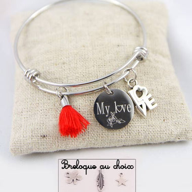 Jonc Acier My Love Médaille Gravée Personnalisée & Pompon