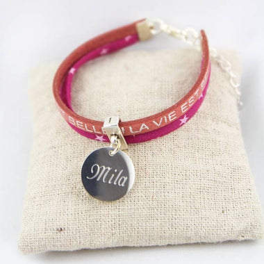 Bracelet La Vie Est Belle Rose & Médaille Personnalisée Gravée