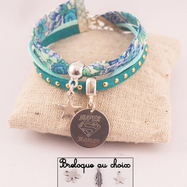 Manchette Liberty/Suédine Sweet Blue Médaille Acier Gravée