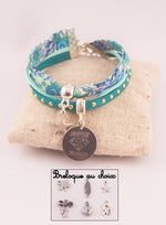 Manchette Liberty/Suédine Sweet Blue Médaille Acier Gravée