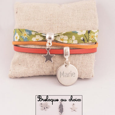 Manchette Liberty/Cuir Vert & Orange Médaille Acier Gravée