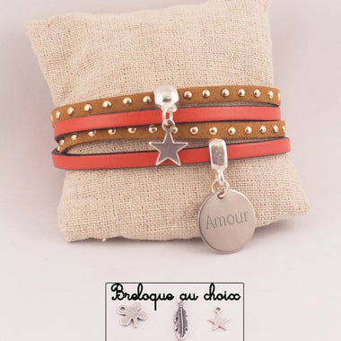 Manchette Cuir/Suédine Orange Médaille Acier Gravée