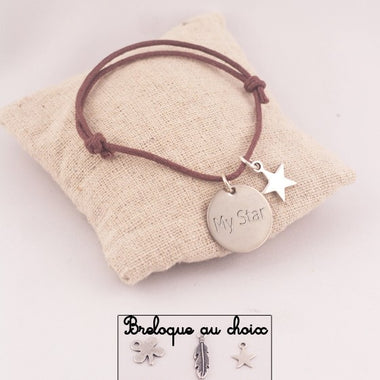 Bracelet Personnalisé Cordon Ajustable Medaille Ronde Acier Gravée