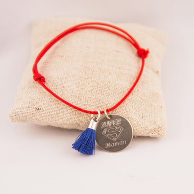 Bracelet Cordon Ajustable Pompon & Medaille Ronde Acier Gravée