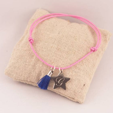 Bracelet Cordon Ajustable Pompon & Medaille Ronde Acier Gravée