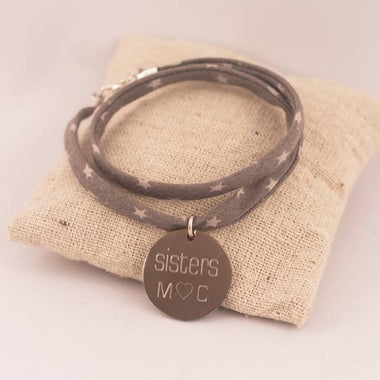 Bracelet Tissu Etoiles 2 Tours Medaille Ronde Acier Etoile Gravée Personnalisée