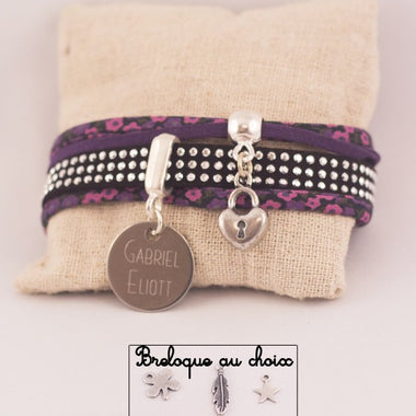 Manchette Liberty &Suédine Rose Cloutée Médaille Acier Gravée