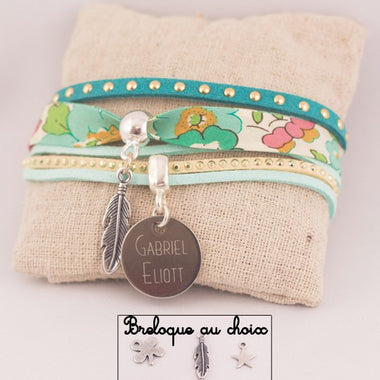 Manchette Liberty &Suédine Rose Cloutée Médaille Acier Gravée