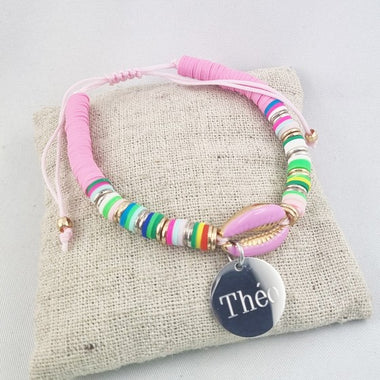 Bracelet Personnalisé Cordon Ajustable Medaille Ronde Acier Gravée