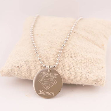 Pendentif Super Maman Rond Gravé Acier 23 mm