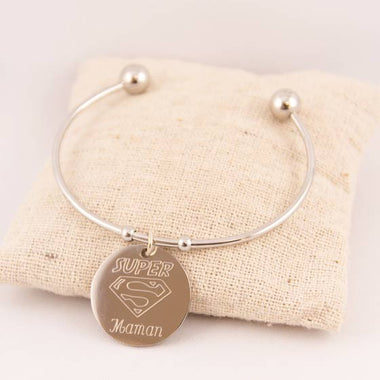 Jonc Acier & Petite Médaille Ronde Gravée Personnalisée