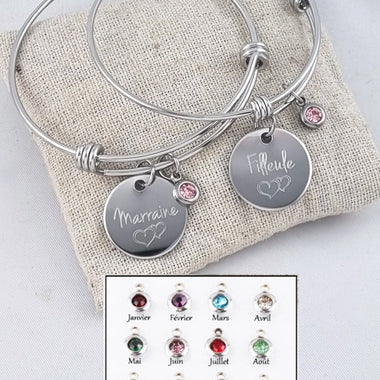 Duo Jonc Acier Marraine/Filleule & Breloque Pierre