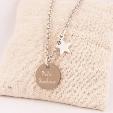 Pendentif Personnalisé Acier Rond Gravé 18mm & Breloque Etoile