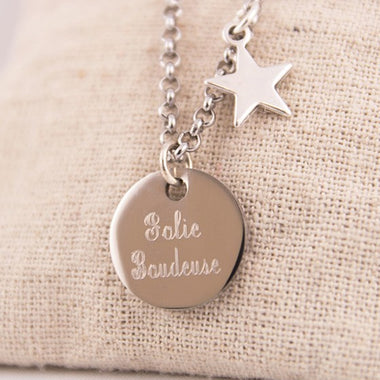 Pendentif Personnalisé Acier Rond Gravé 18mm & Breloque Etoile