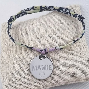 Bracelet Cordon Liberty & Médaille Mamie Personnalisable Verso