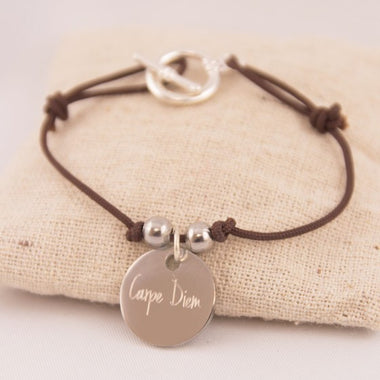 Bracelet Homme Personnalisé Cordon & Fermoir T Medaille Ronde Acier Gravée