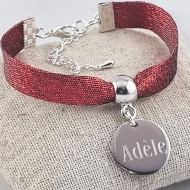Bracelet Enfant Personnalisé Tissu Pailleté Rouge & Médaille Gravée