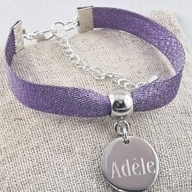 Bracelet Enfant Personnalisé Tissu Pailleté Mauve & Médaille Gravée