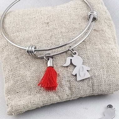 Jonc Acier Personnage Initiale Gravée Personnalisée & Pompon