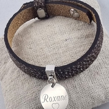 Bracelet Cuir Marron Réglable & Médaille Gravée Personnalisée