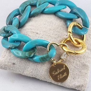 Bracelet Grosses Mailles Turquoise & Médaille Acier Dorée Personnalisée