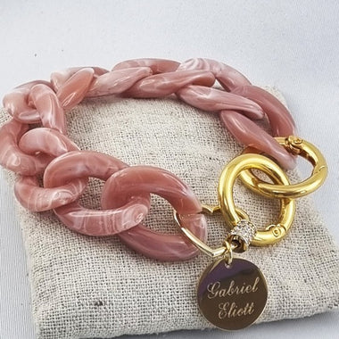 Bracelet Grosses Mailles Rose & Médaille Acier Dorée Personnalisée