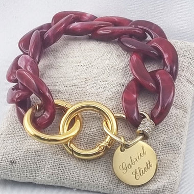 Bracelet Grosses Mailles Rouge & Médaille Acier Dorée Personnalisée