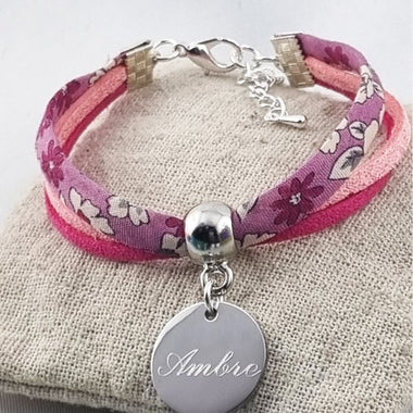 Bracelet Enfant Liberty Fuchsia & Suédine Personnalisé Médaille Gravée