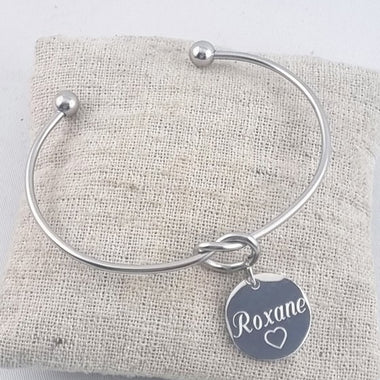 Jonc Acier & Petite Médaille Ronde Gravée Personnalisée