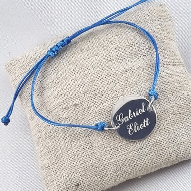 Bracelet Cordon fil Bleu Ajustable & Jeton Acier Gravé Personnalisé