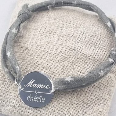 Bracelet Mamie Chérie Ajustable Tissu Etoile & Jeton Acier Gravé Personnalisé