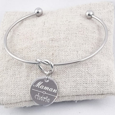 Jonc Acier Noeud & Médaille Maman Chérie Personnalisable