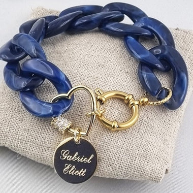 Bracelet Grosses Mailles Bleu & Médaille Acier Dorée Personnalisée