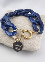 Bracelet Grosses Mailles Bleu & Médaille Acier Dorée Personnalisée