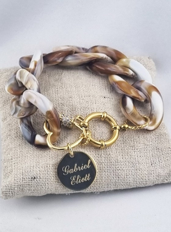 Bracelet Grosses Mailles Blanc/doré & Médaille Acier Dorée Personnalisée