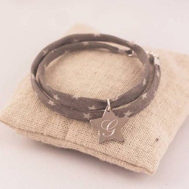 Bracelet Tissu Etoiles 2 Tours Medaille Acier Etoile Gravure Initiale