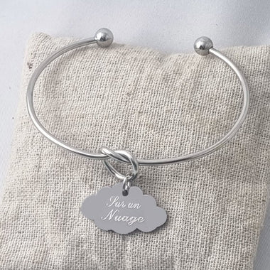 Jonc Acier Noeud & Médaille Nuage Gravée Personnalisée