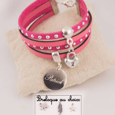 Manchette Cuir/Suédine rose Médaille Acier Gravée