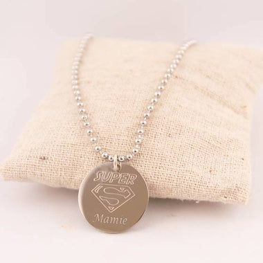 Pendentif Super Maman Rond Gravé Acier 23 mm