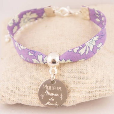 Bracelet Liberty Mauve Meilleure Maman Du Monde Médaille Gravée