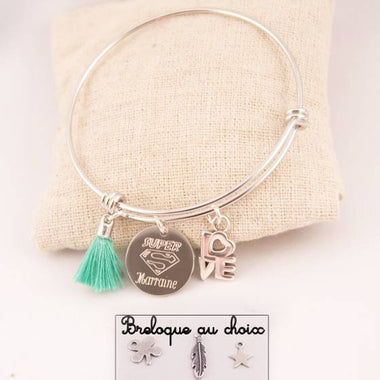 Jonc Acier Super Marraine Personnalisé & Pompon