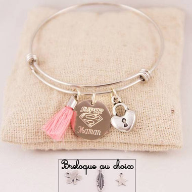 Jonc Acier Super Maman Breloque & Pompon