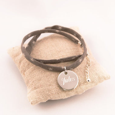 Bracelet Tissu Etoiles Medaille Argent Ronde Gravée
