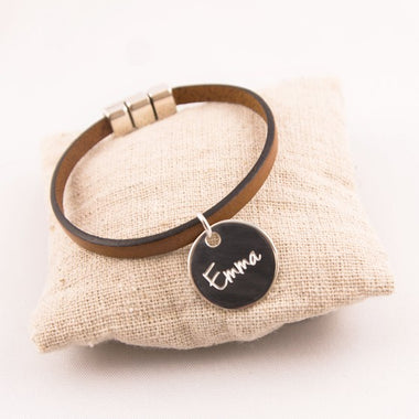 Bracelet Cuir & Médaille Ronde Gravée Personnalisée
