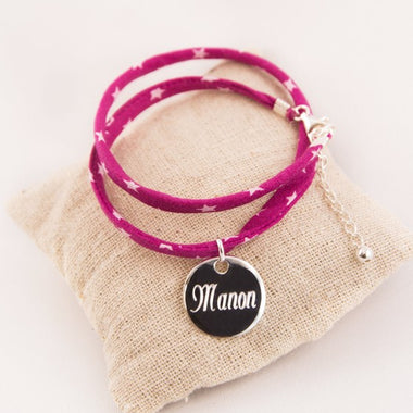 Bracelet Tissu Etoiles Medaille Argent Ronde Gravée