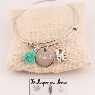 Jonc Acier Médaille Gravée Personnalisée & Pompon