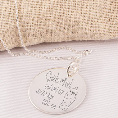Pendentif Spécial Naissance Rond Gravé Argent 27 mm